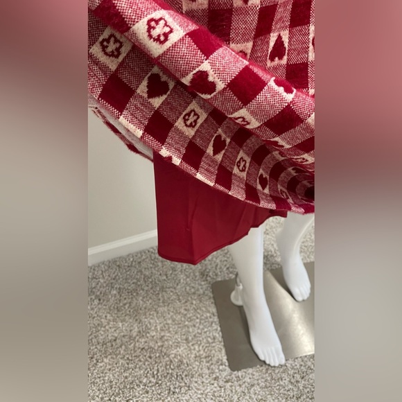 White & Red Checkered Heart Pattern Pom-Pom Front Tie Wool Blend Midi Dress M/L - Picture 12 of 13